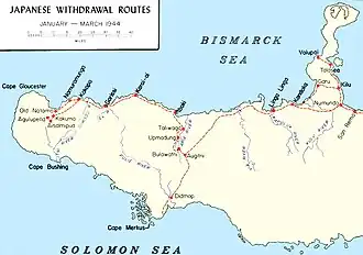 Map depicting the western end of New Britain and showing various tracks and routes