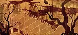 The Bridge at Ubi a famous screen composition, found in many 16th or 17th century versions, showing the colourful abstracted style of the professional painters.[60] Yamato-e style of Japanese painting.