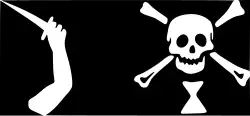 Another of Jeremiah Cocklyn's flags, described as “a Man’s arm with a dagger in his hand and on the other side a morthead and glass…”.[25]