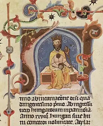 Chronicon Pictum, Attila, Hun, Hungarian, King, crown, cloak, throne, scepter, medieval, chronicle, book, illumination, illustration, history