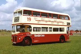 Kentish Bus RML2574 (JJD 574D), a long-wheelbase AEC Routemaster, at the Eastbourne bus rally in July 1993.