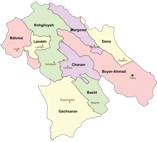 Location of Basht County in Kohgiluyeh and Boyer-Ahmad province (right, green)