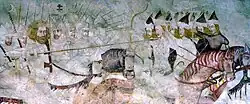 Pursuit of Cuman horsemen (right) by the Hungarian King Ladislaus I (left), church of Kraskovo, Slovakia, 14th century