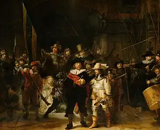 The Night Watch; by Rembrandt; 1642; oil on canvas; 3.63 × 4.37&nbsp;m; Rijksmuseum, Amsterdam, the Netherlands[108]