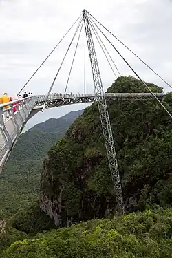 The tilted pylon supporting the bridge