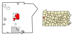 Location of New Castle in Lawrence County and the U.S. state of Pennsylvania.