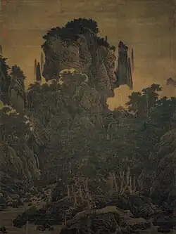Li Tang (Chinese: 李唐; pinyin: Lǐ Táng; Wade–Giles: Li T'ang, 1050 – 1130), Wind in Pines Among a Myriad Valleys, Chinese: 萬壑松風圖, 1124, ink and color on silk, 188.7 cm (74.2 in); Width: 139.8 cm (55 in), collected by National Palace Museum, Taipei.