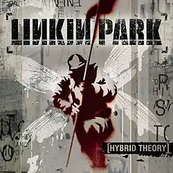 A stenciled painting of a soldier with wings carrying a flag. The artist name appears above while the album title appears next to the soldier.