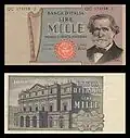 1,000&nbsp;lire – obverse and reverse – printed in 1969