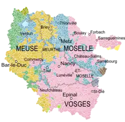 Map of the Duchy of Lorraine (1756) within the modern region.