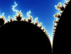 Image 9Partial view of the Mandelbrot set. Step 1 of a zoom sequence: Gap between the "head" and the "body" also called the "seahorse valley".