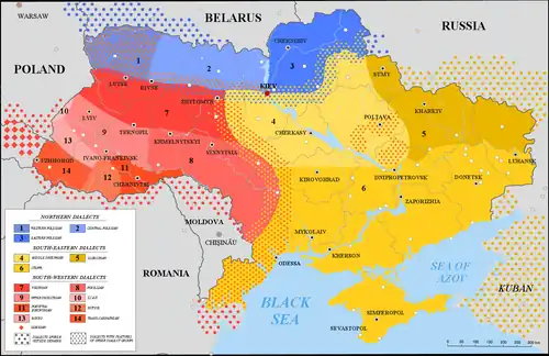 A map of Ukrainian dialects. Number 14 is the Transcarpathian dialect.