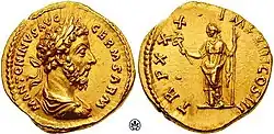 The two sides of a gold coin. On one side, a bearded man is depicted in profile, while on the other a woman holds a staff in one hand and a sort of trident in the other.