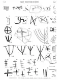 Tell Jemmeh, potters' trade marks including Menorah-lookalike, by Flinders Petrie