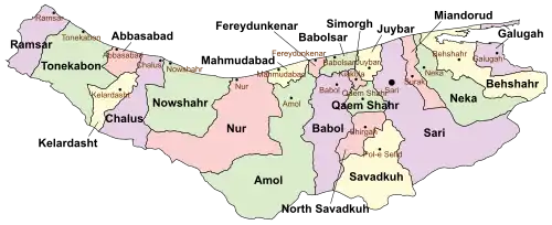 Location of Simorgh County in Mazandaran province (center right, pink)
