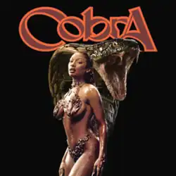 Megan Thee Stallion standing in front of a large cobra, wearing a metallic bikini and pasties.