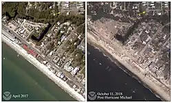 Aerial view showing destroyed buildings and debris