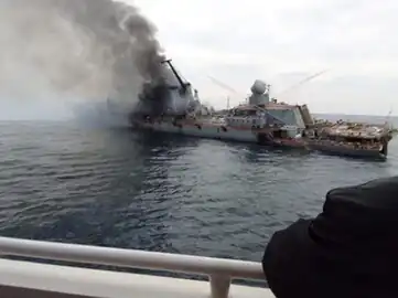 A large warship lists heavily to her port side. Smoke billows from her bridge toward the photographer, who is at the rail of another vessel; the arm of someone else on that vessel is visible in the foreground.