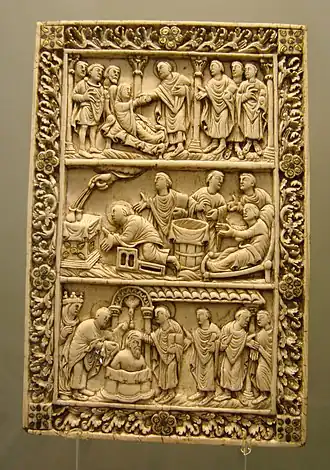 Miracle from the life of Saint Remy, c. 870, in the middle register. Note the dove delivering the Sainte Ampoule at bottom.
