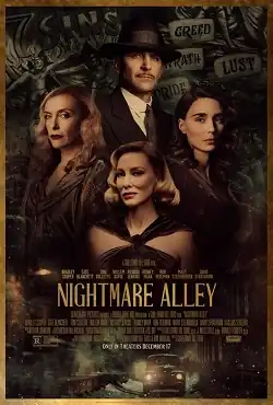 A sepia tinted poster, showing a man, two women, and third woman below. The background prominently lists the 7 deadly sins. Below the billing block is a car on a dark snowy street.