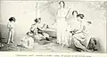 Etching of four women in Ancient Greek attire. One sits weaving at a loom, one is standing with a drop spindle, and one sits watching another paint a jar. Two naked children sit and stand off to the left, measuring out lengths of thread.