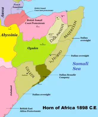 Map of the Dervish in 1898, with the autonomous Huwan region shown in green.