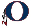Blue O with a matron outline, has feathers.