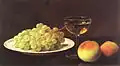 Still life with grapes, two peaches, glass of sherry