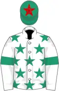 White, emerald green stars and armlets, emerald green cap, red star