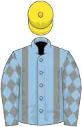 Light blue, grey braces, grey diamonds on sleeves, light blue cap, grey diamonds
