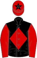 Black, red diamond and sleeves, red cap, black star