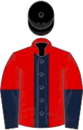 Red, Dark Blue stripe, halved sleeves, Black cap