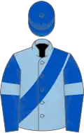 Light blue,royal blue sash,royal blue slvs,light blue armlet,royal blue cap