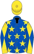 Royal blue, yellow stars, yellow and royal blue diabolo on sleeves, yellow cap