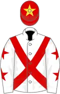 White, red cross belts, white sleeves, red stars, red cap, yellow star