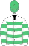 White and emerald green hoops, emerald green cap