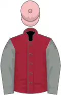 Maroon, grey sleeves, pink cap