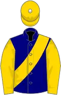 Navy blue, gold sash, gold sleeves, gold cap, white pom pom