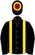 Black, red and yellow braces and hoops on cap