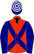 Scarlet, navy blue cross belts and sleeves, navy blue and white hooped cap