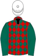 Dark green and red diamonds, dark green sleeves, white cap