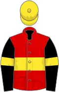 Red, yellow hoop, black sleeves, yellow armlets, yellow cap