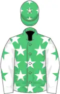 Emerald green, white stars, white sleeves, emerald green stars