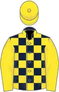 DARK BLUE and YELLOW CHECK, yellow sleeves and cap