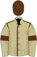 Beige, brown seams, armlets and cap