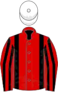 Red, black braces, striped sleeves, white cap