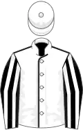 White, black seams, black and white striped sleeves, white cap