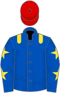 Royal blue, yellow epaulets, royal blue sleeves, yellow stars, red cap