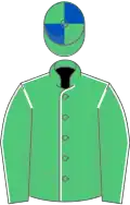 Emerald green, white seams, green and royal blue quartered cap