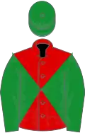 Red and green diabolo, green sleeves and cap